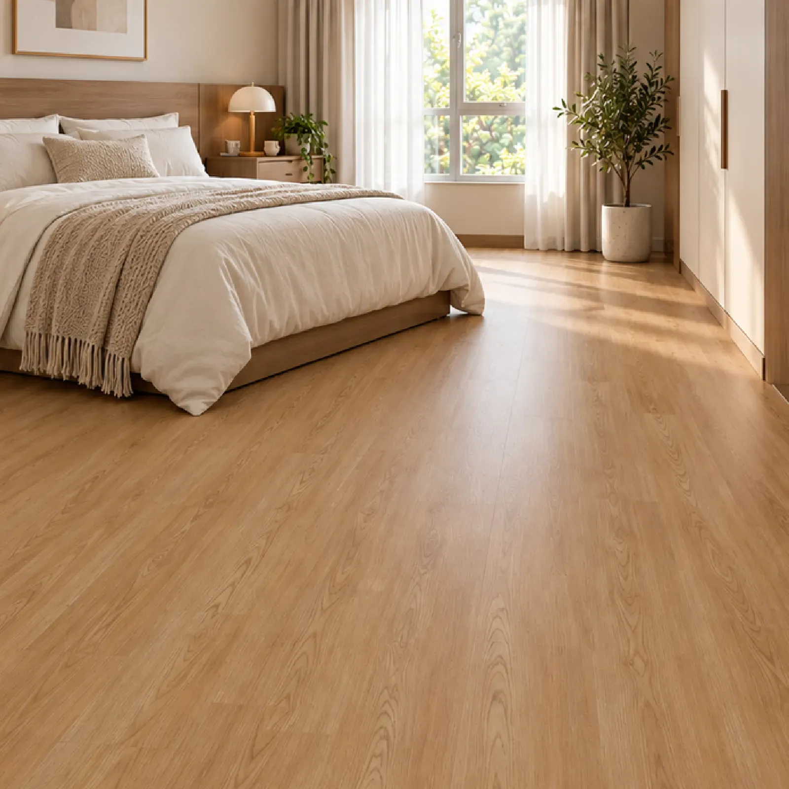 Lantai vinyl Timberwood Excellent 2mm motif Kira Teak di kamar tidur