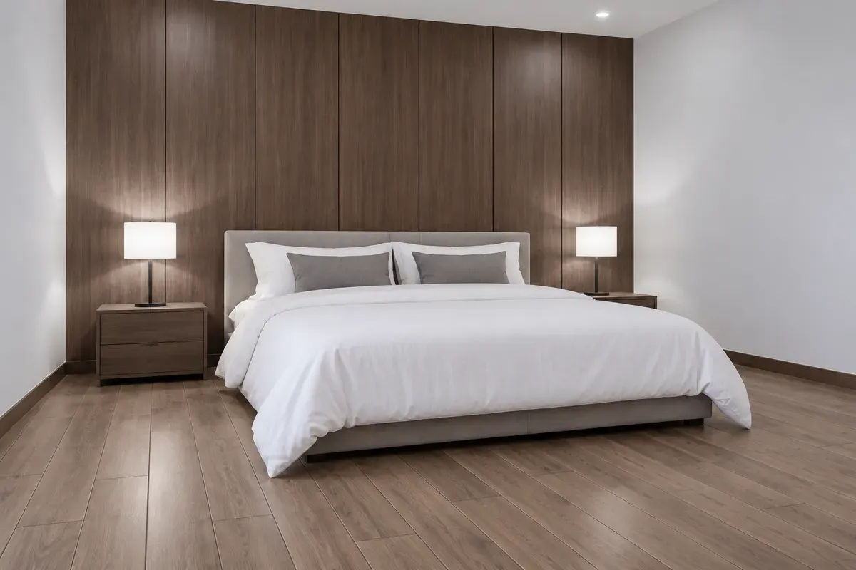 Ilustrasi kamar tidur dengan dinding panel di belakang ranjang dan lantai motif kayu