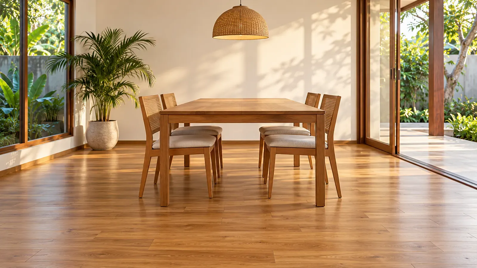 Ilustrasi ruang makan dengan lantai motif kayu berwarna natural