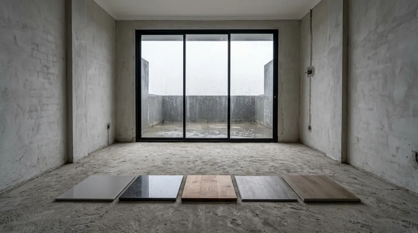 Ilustrasi ruangan kosong dengan potongan sampel berbagai bahan flooring di atas lantai beton
