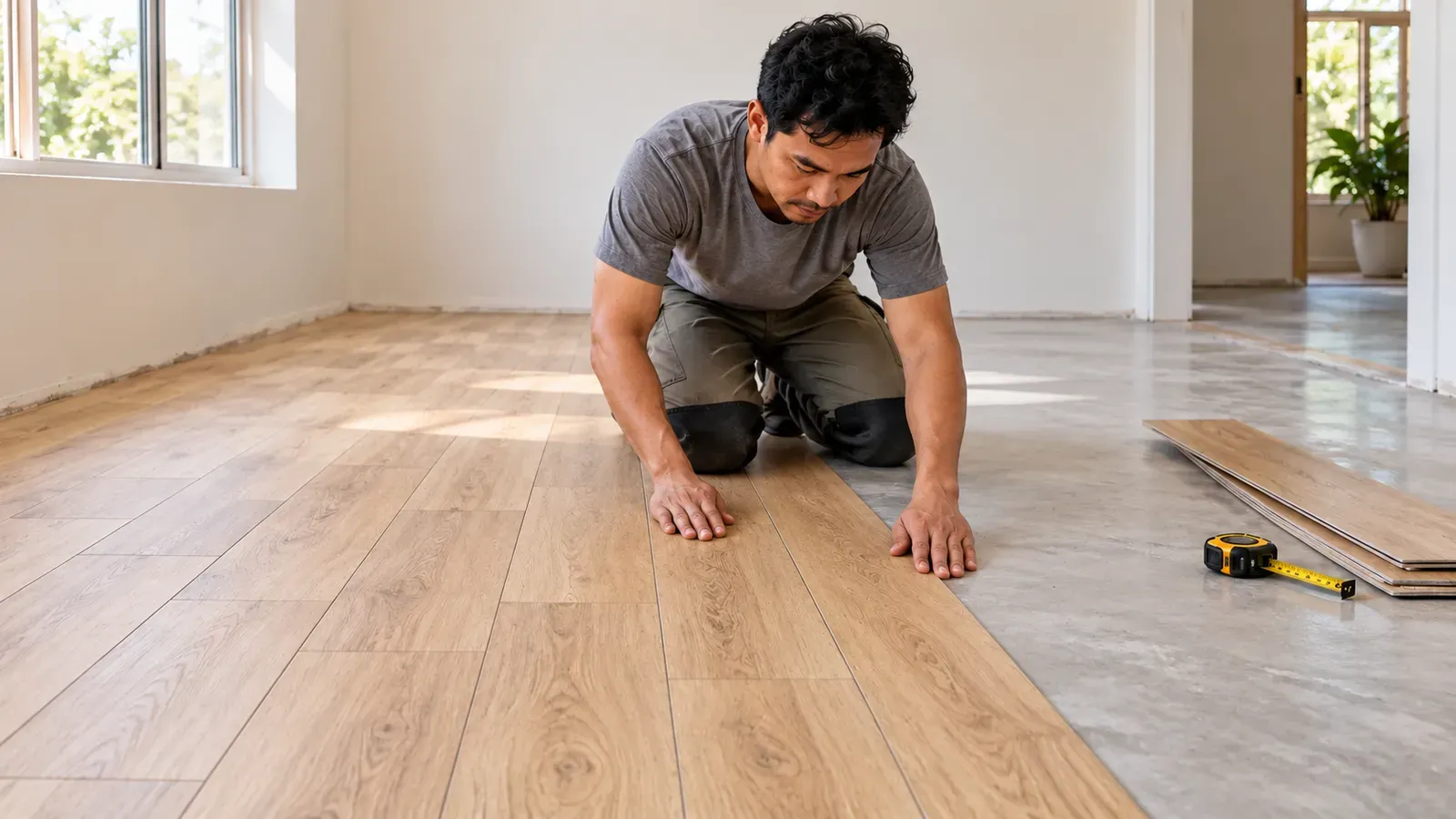 Ilustrasi pemasang menempatkan papan lantai vinyl motif kayu di atas lantai dasar yang sudah disiapkan
