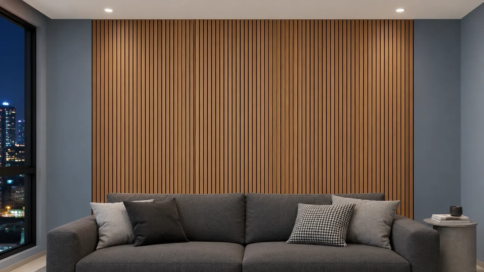 Ilustrasi ruang keluarga apartemen dengan aksen wall panel PVC motif kayu beralur vertikal di belakang sofa abu-abu, malam hari dengan lampu putih netral