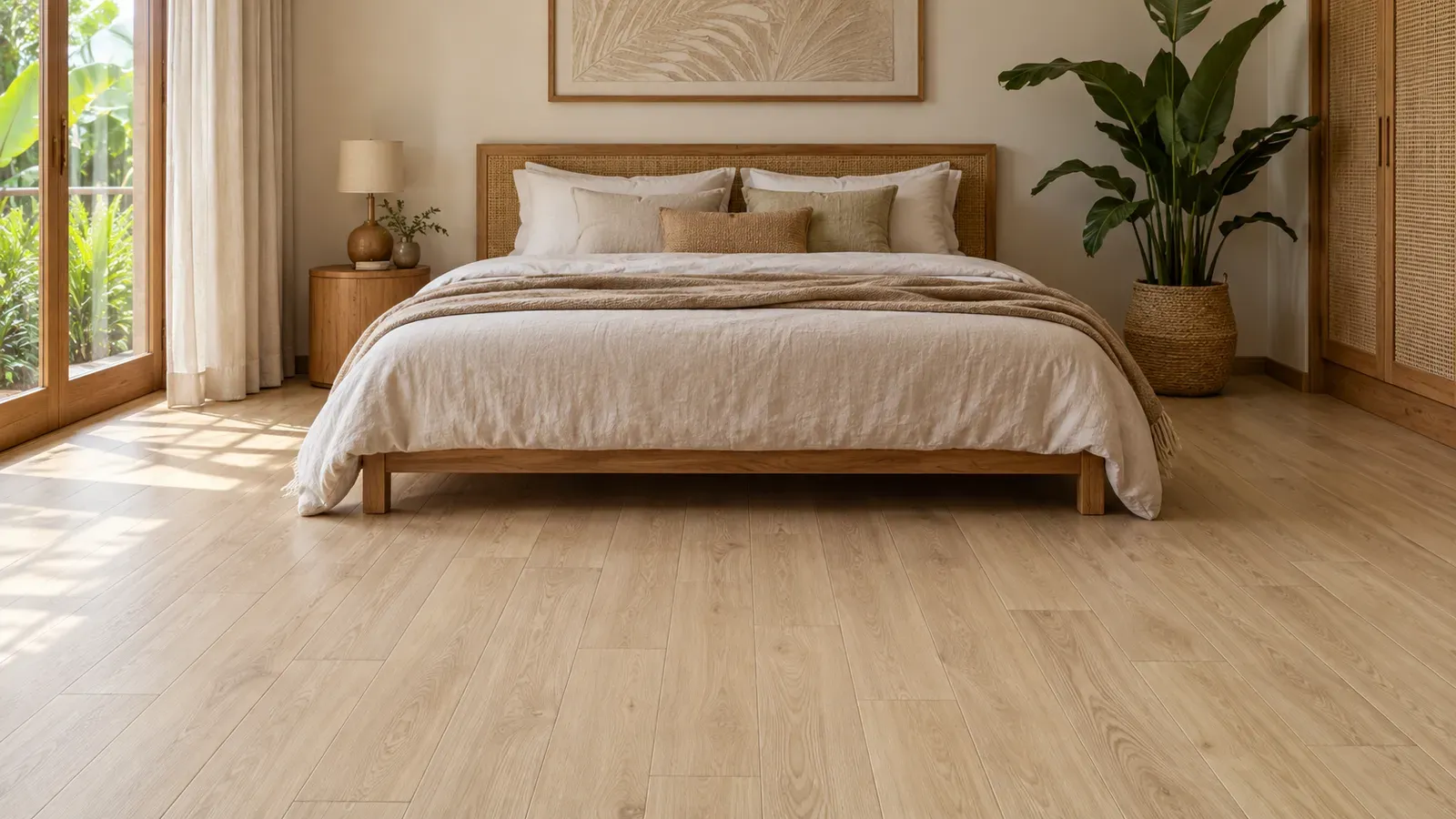 Ilustrasi kamar tidur dengan lantai vinyl motif kayu berwarna terang