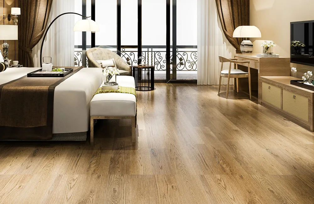 Kamar tidur dengan lantai vinyl motif kayu