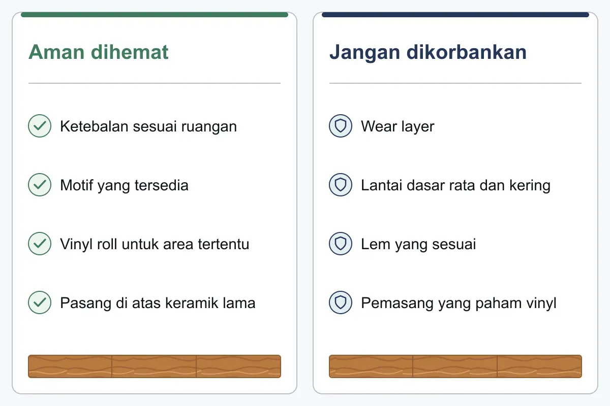 Ilustrasi dua kolom: bagian yang aman dihemat (ketebalan sesuai ruangan, motif yang tersedia, vinyl roll untuk area tertentu, pasang di atas keramik lama) dan bagian yang jangan dikorbankan (wear layer, lantai dasar, lem, pemasang)