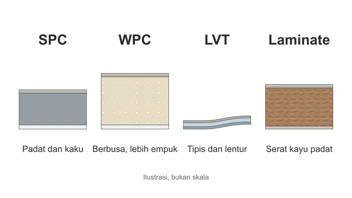Ilustrasi perbandingan potongan melintang inti SPC, WPC, LVT, dan laminate
