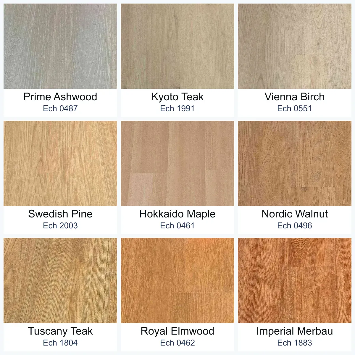 Potongan foto sembilan motif lantai kayu SPC Timberwood Eco Heritage 5mm, dari Prime Ashwood yang abu-abu hingga Imperial Merbau yang cokelat kemerahan
