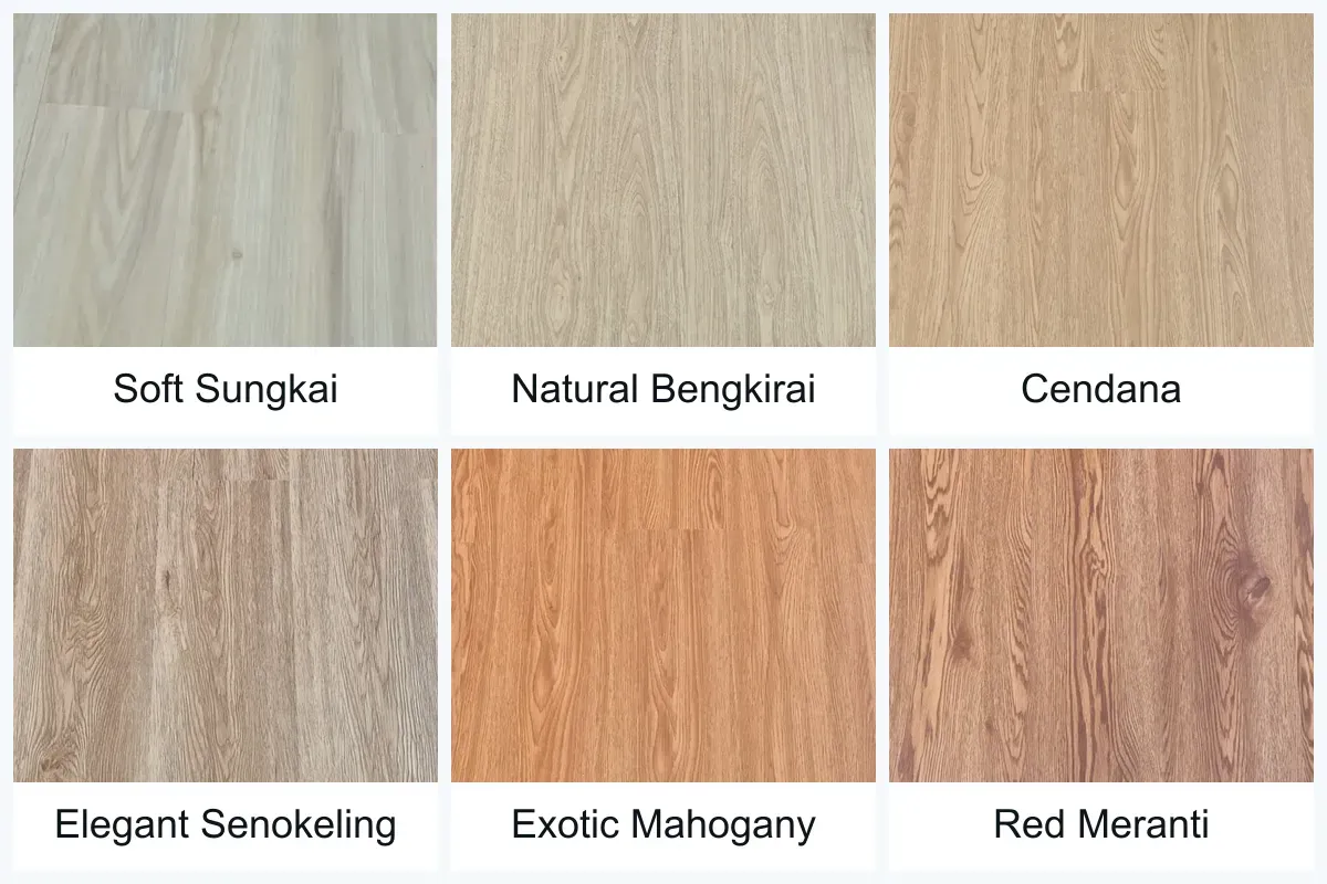 Potongan foto enam motif lantai kayu SPC Timberwood Lite 5mm: Soft Sungkai, Natural Bengkirai, Cendana, Elegant Senokeling, Exotic Mahogany, dan Red Meranti
