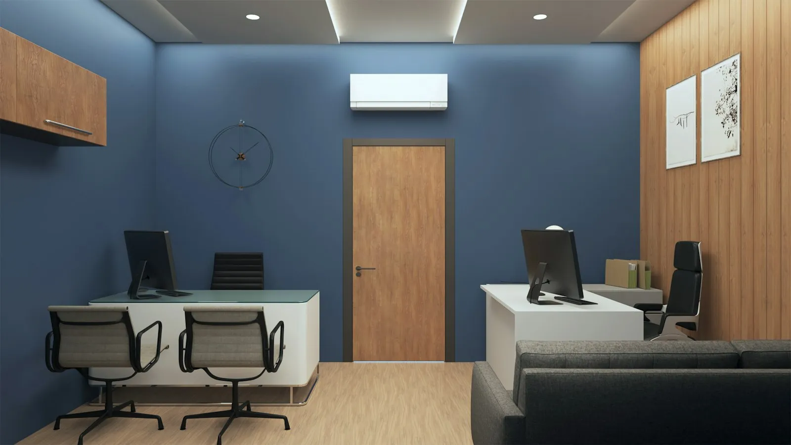 Interior kantor modern dengan lantai vinyl biru navy dan furnitur kayu
