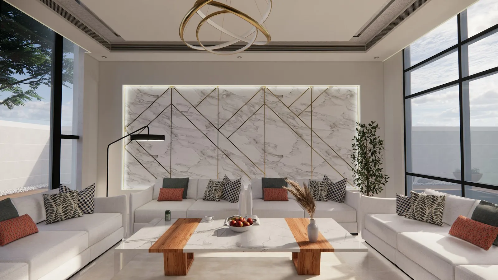 Ruang tamu dengan aksen wall panel PVC dan nuansa kayu natural