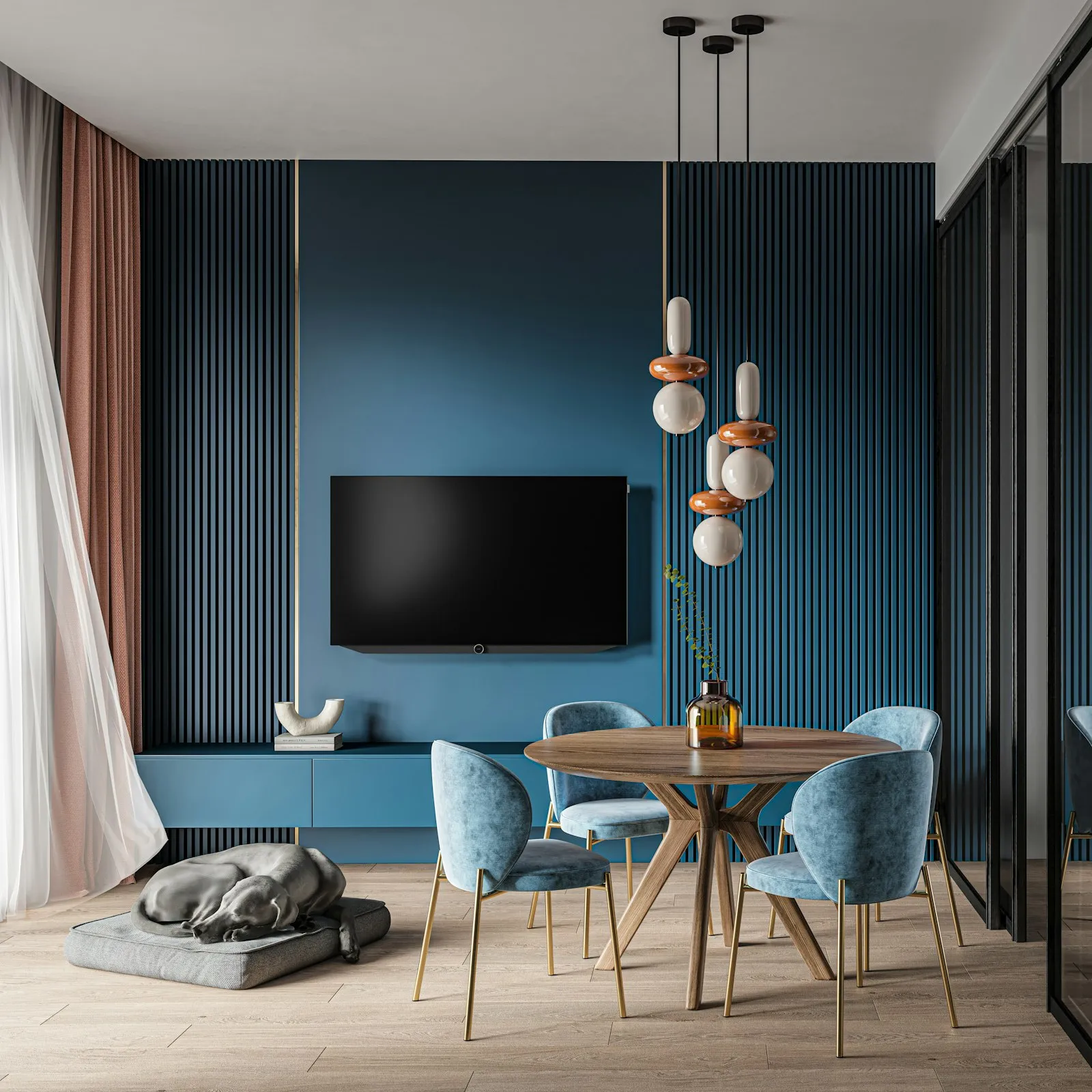 Ruang keluarga dengan lantai vinyl biru navy dan aksen kayu natural